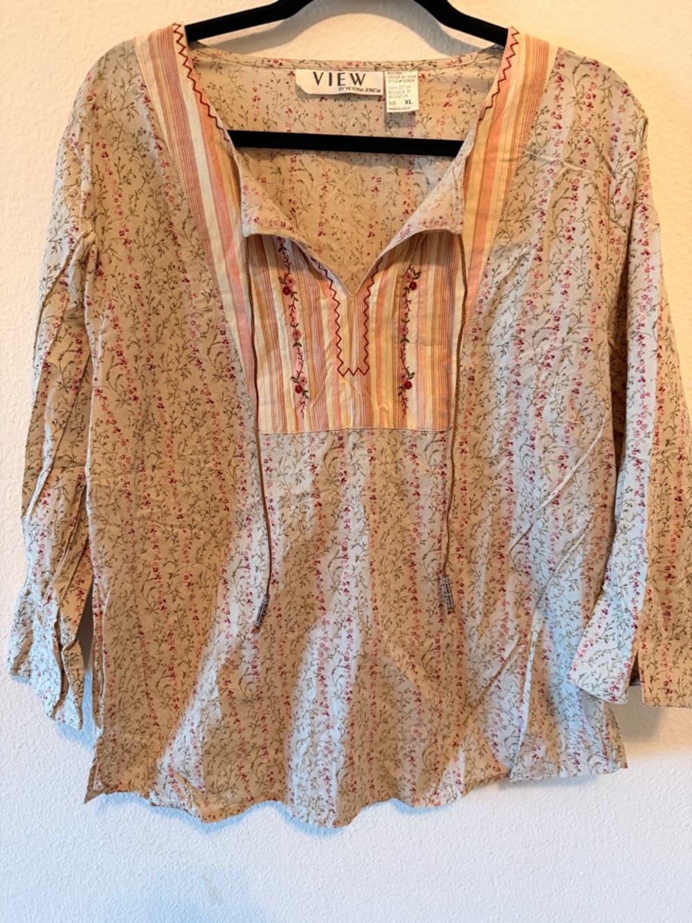 Vintage 70’s Floral Stripe Split-Neck Prairie Peasant Top